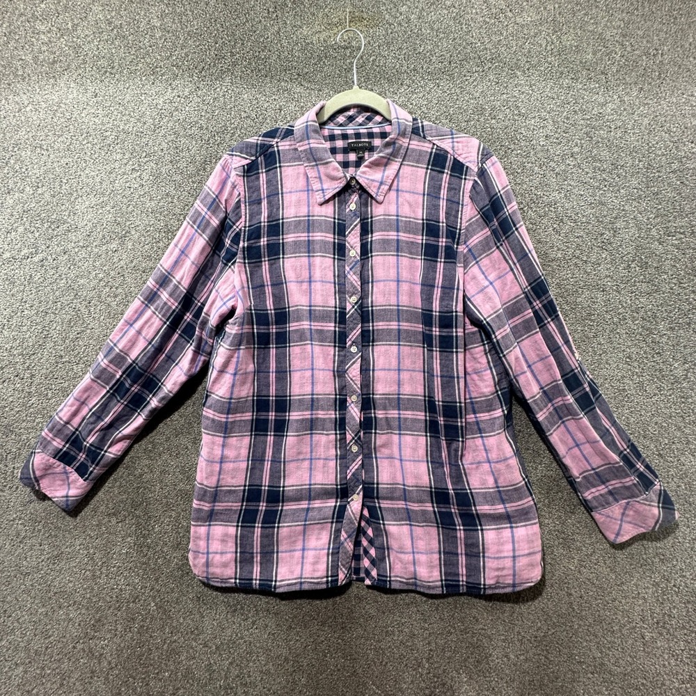 Talbots Button Up Shirt Women XL‎ Pink Plaid Cotton Long Sleeve